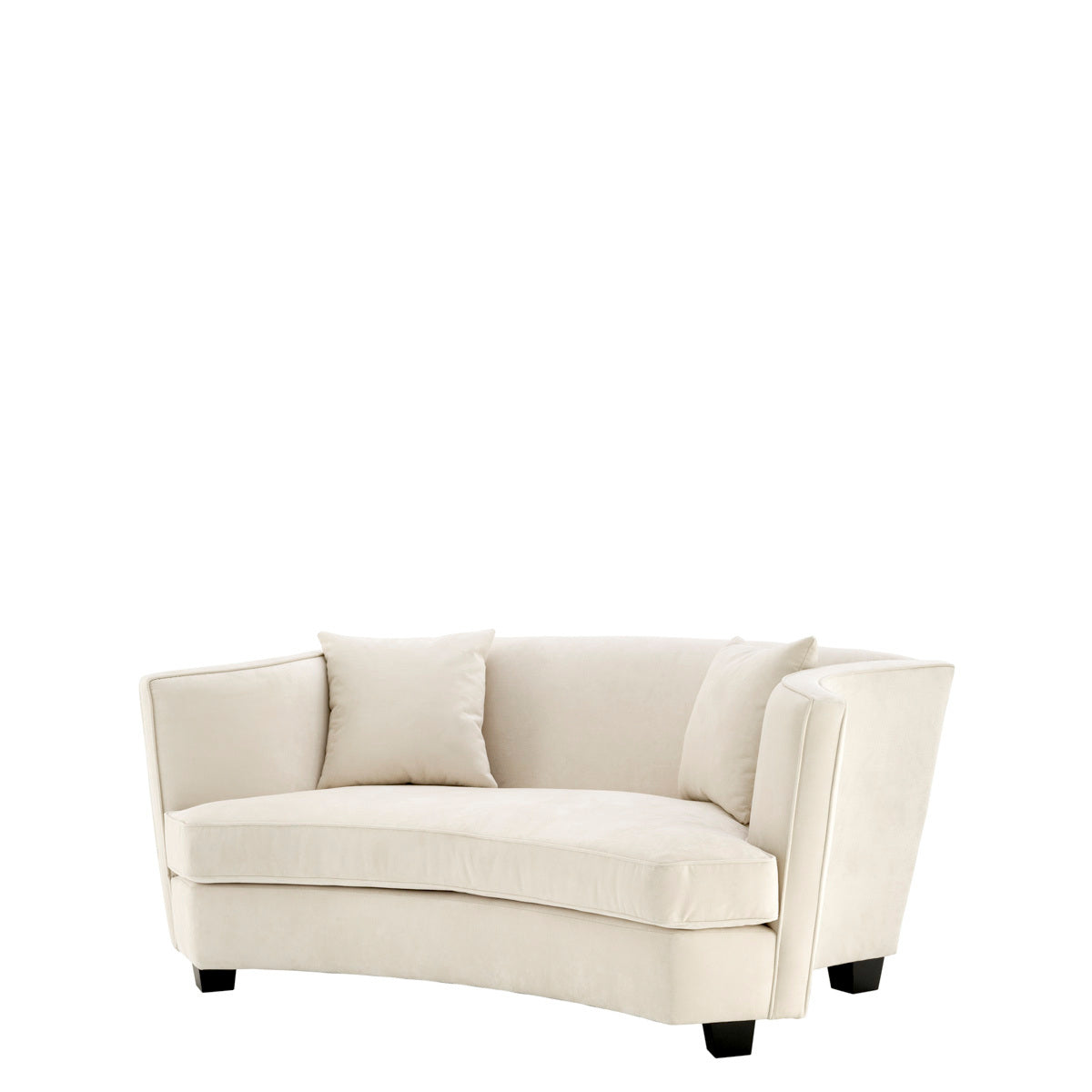 Giulietta modern loveseat ivory fabric with black wooden legs, featuring plush cushions for added comfort.