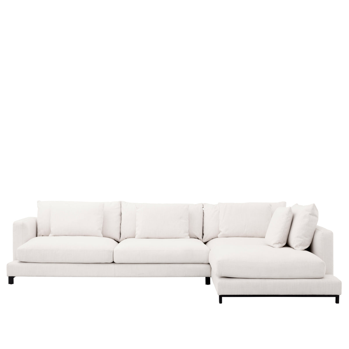 Burbury beyaz keten kumaşlı L koltuk, metal ayaklı, rahat oturum, modern tasarım, 320 cm genişlik, 200 cm derinlik.