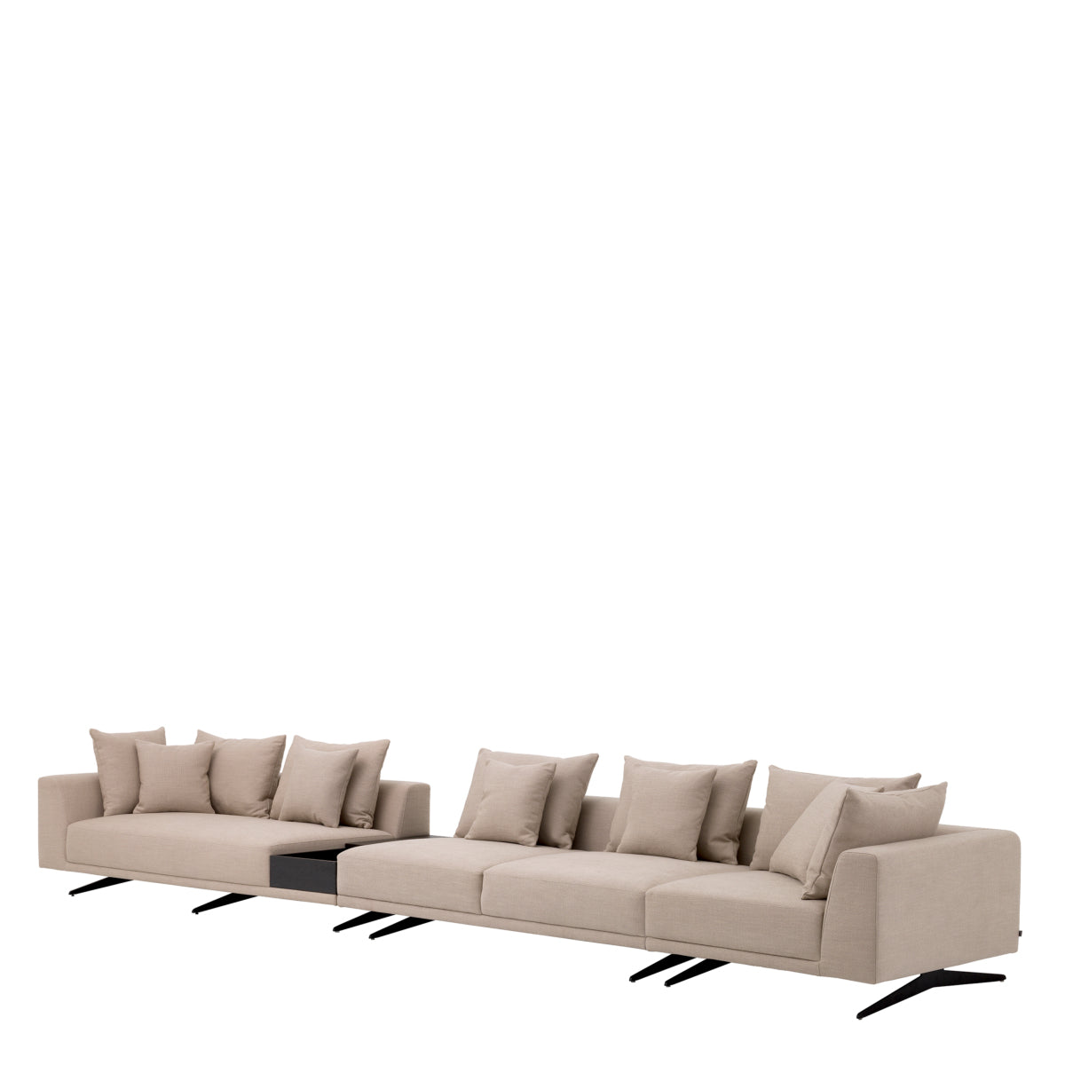 Endless open brown sofa with black metal legs, featuring spacious modern design and soft cushions.