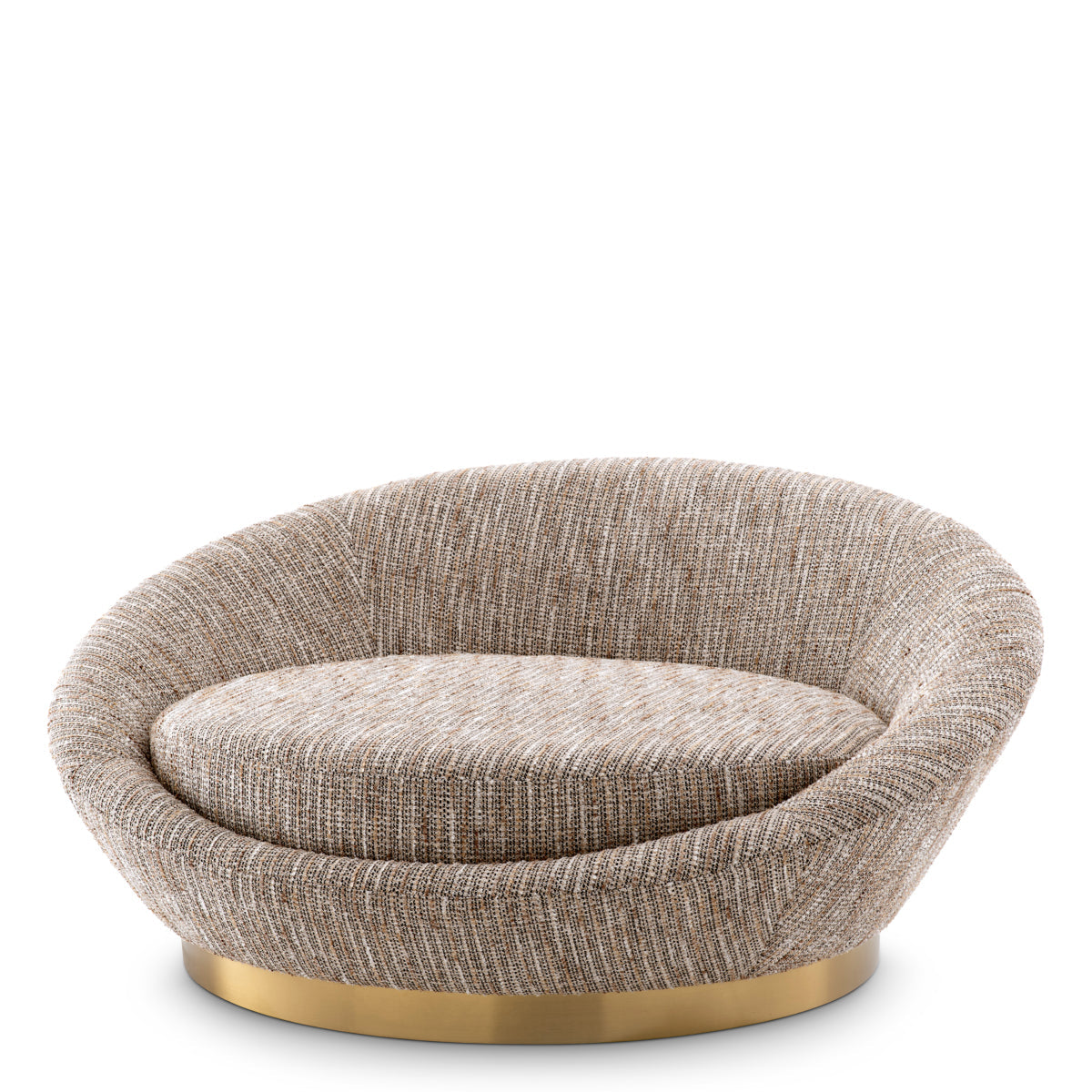Duardo yuvarlak form koltuk, kahverengi dokulu keten kumaş ve altın metal ayak, modern oturma alanı için.
