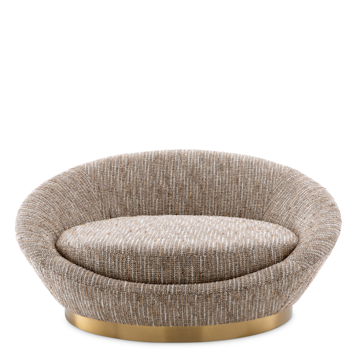 Duardo yuvarlak formda kahverengi dokulu keten kumaşlı gold renk metal ayaklı loveseat koltuk.