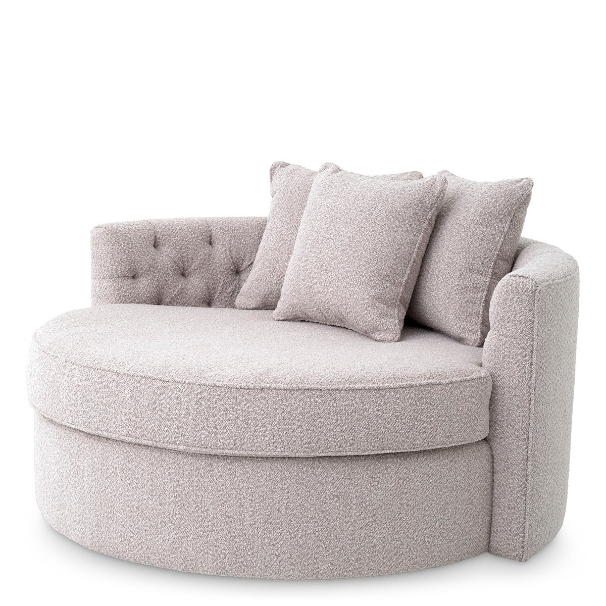 Carlita Gri Teddy kumaşlı yuvarlak loveseat koltuk, yumuşak minderler ve şık detaylarla konfor sunar.