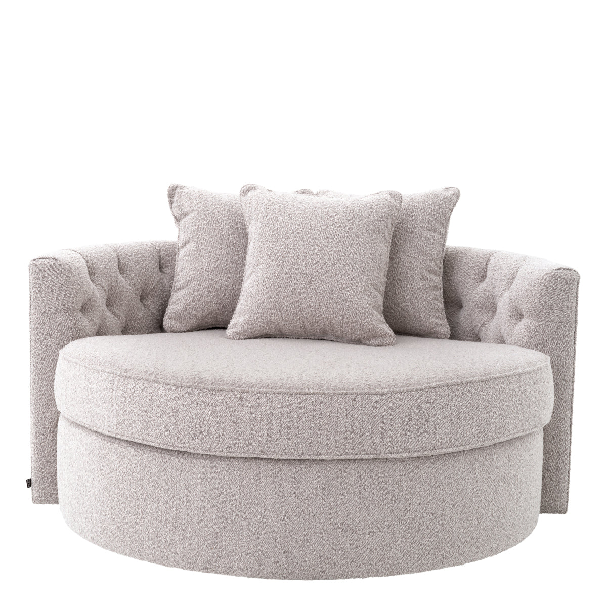 Carlita Gri yuvarlak loveseat koltuk, kapitone detaylı, geniş oturum, yumuşak teddy kumaşı, modern tasarım.