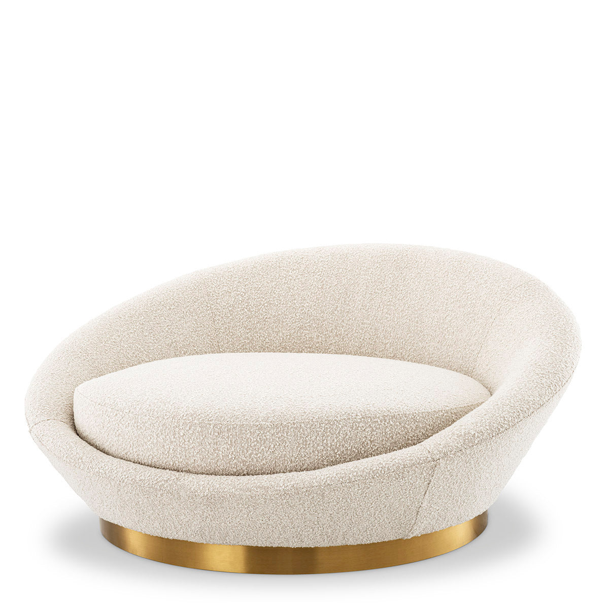 Duardo bej rengi teddy kumaşlı yuvarlak loveseat koltuk, gold rengi ayaklı, konforlu modern tasarım.