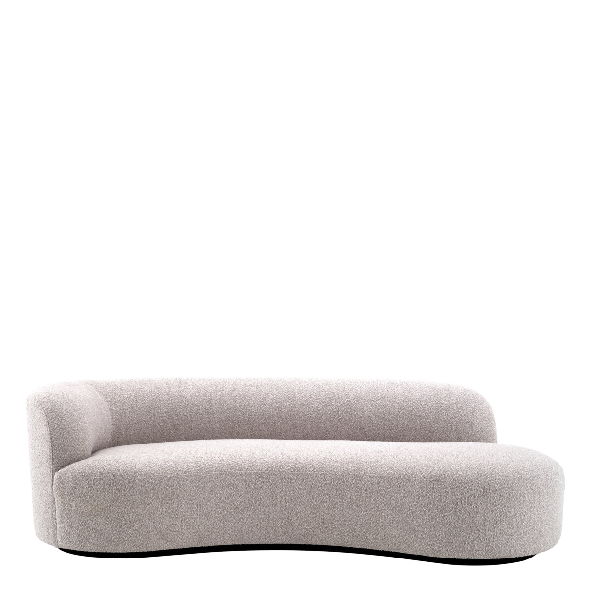 Morten Gri Teddy kumaşlı oval formda modern uzanma koltuğu, geniş ve rahat tasarım. 230 cm genişlik, 110 cm derinlik.