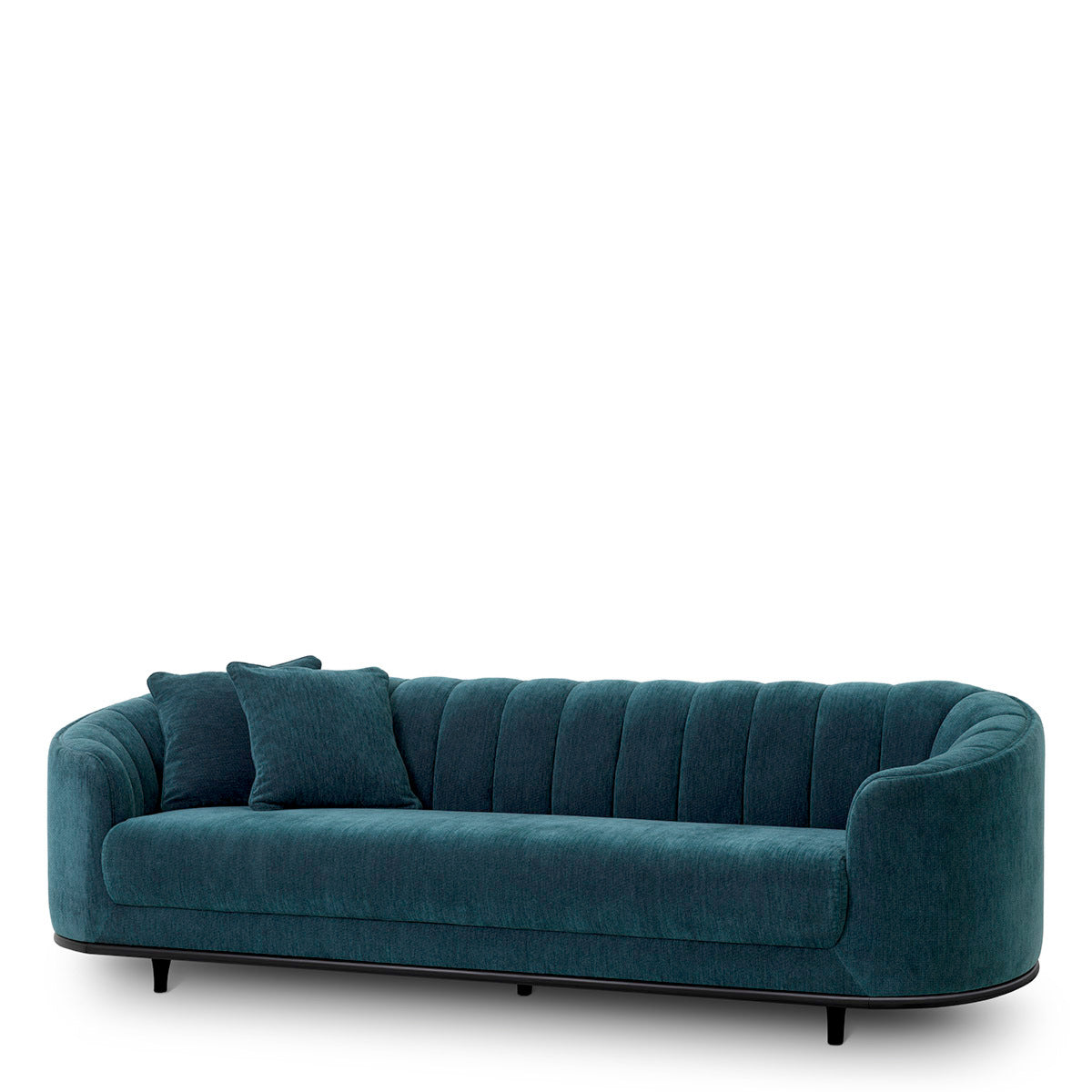 Siyah ahşap ayaklı şönil kumaşlı yeşil kanepe, 2 adet kırlent ile 240 cm genişlikte, modern ve şık tasarım.