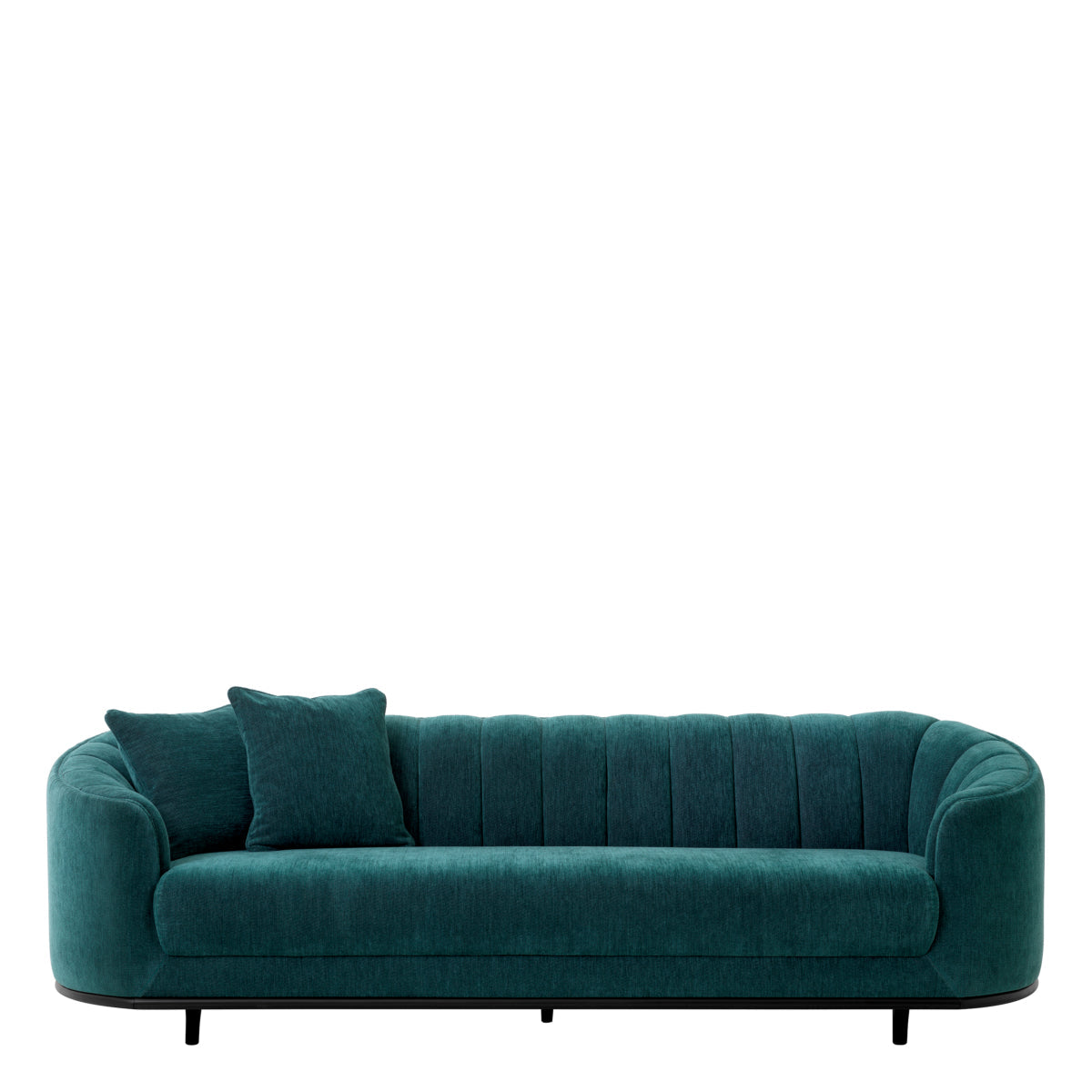 Yeşil şönil kumaşlı, ahşap ayaklı, dilimli detaylı kanepe sofa, iki yastık ile birlikte.