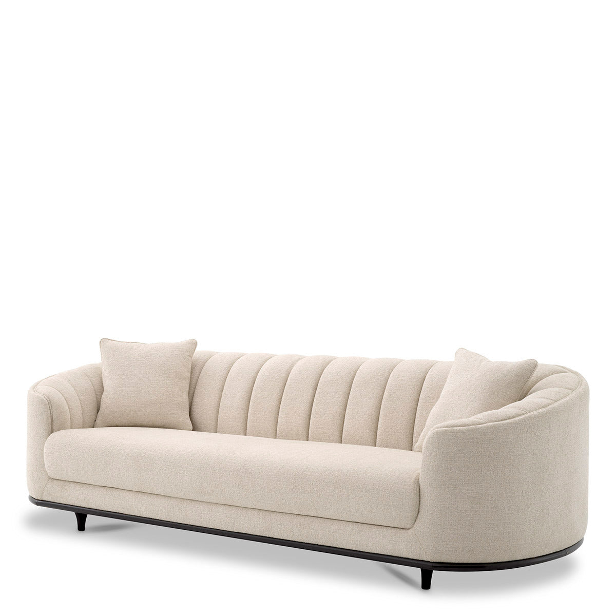 Beige upholstered sofa with black wood legs and tufted detail, dimensions: 240x96x75 cm.