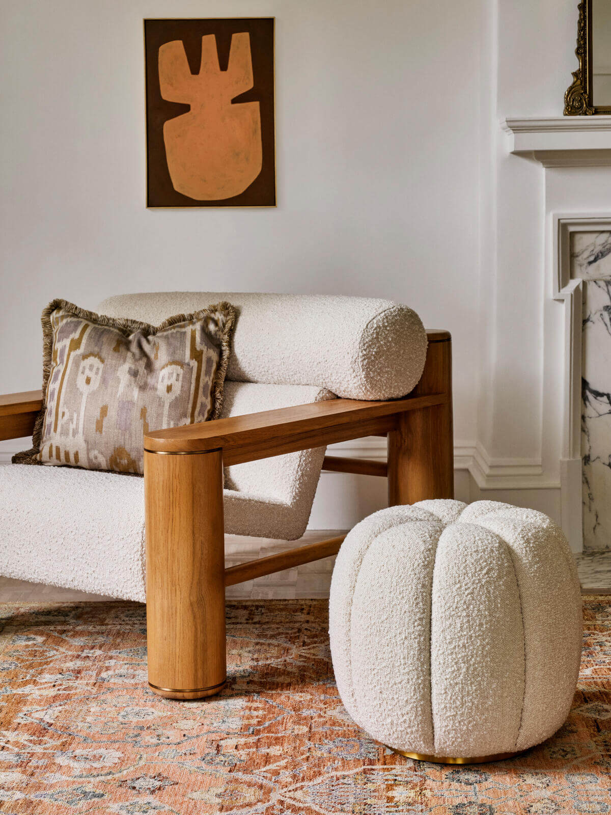 Teddy Buklet Kumaşlı Gold Ayaklı Balkabağı Puf