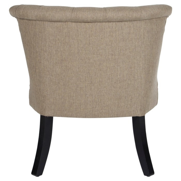 Açık kahverengi keten mini berjer, kapitoneli tasarım, siyah ayaklar, arka görünüm.