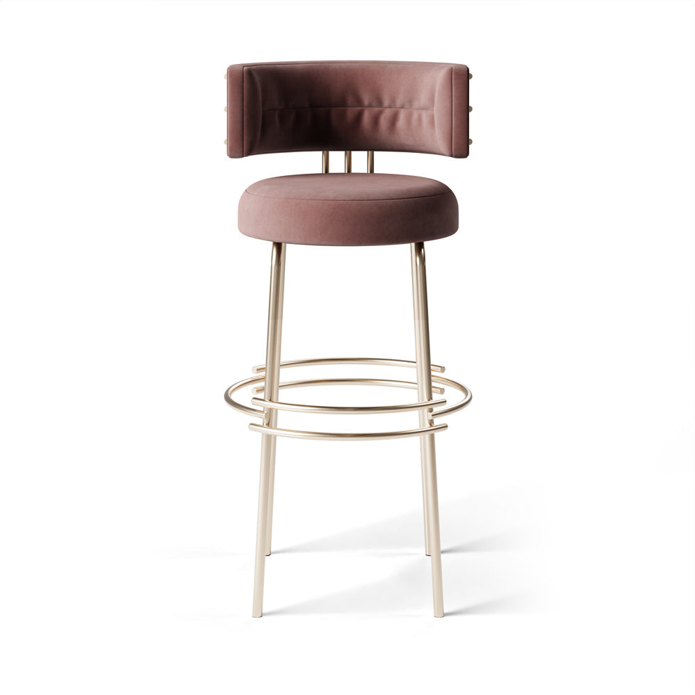Algar salmon pink bar stool with suede fabric and shiny brass metal legs, height 110 cm, seat height 85 cm.