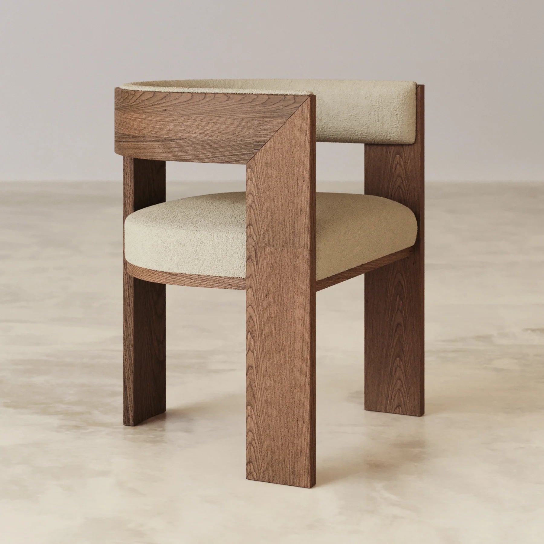 Aspen cream-colored teddy boucle upholstered chair with solid wood walnut legs and armrests, 60x56x69 cm.