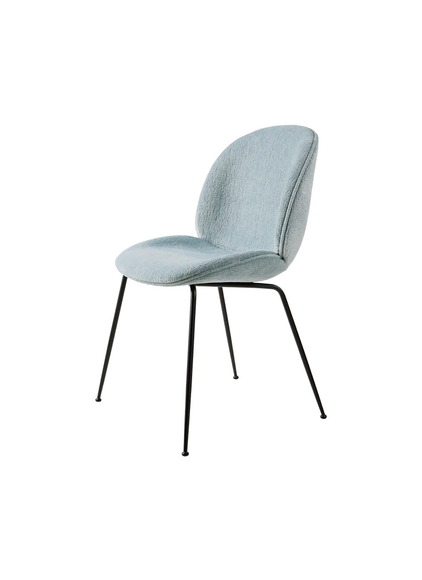 Beetle Mavi şönil kumaş döşemeli metal ayaklı sandalye, modern tasarım, ev ofis kullanımı için.