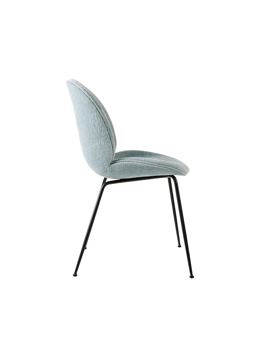 Beetle chair with blue chenille upholstery and metal legs, perfect for home, office, or showroom use.