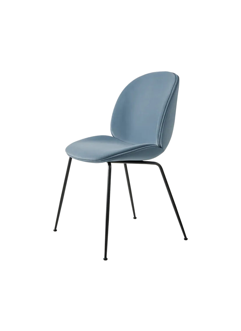 Beetle Mavi kadife kumaş döşemeli metal ayaklı sandalye, şık tasarımıyla ev ve ofis kullanımı için ideal.