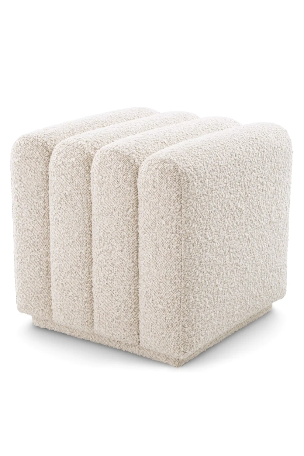 Bente dilimli beyaz teddy bukle kumaşlı kare puf, 45x45x45 cm, yüksek aşınma direnci.