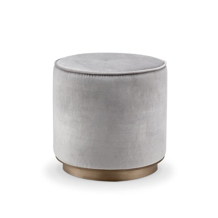 Stylish round gray suede puff with gold metal base, ideal for modern living spaces, measures 45x45x45 cm.