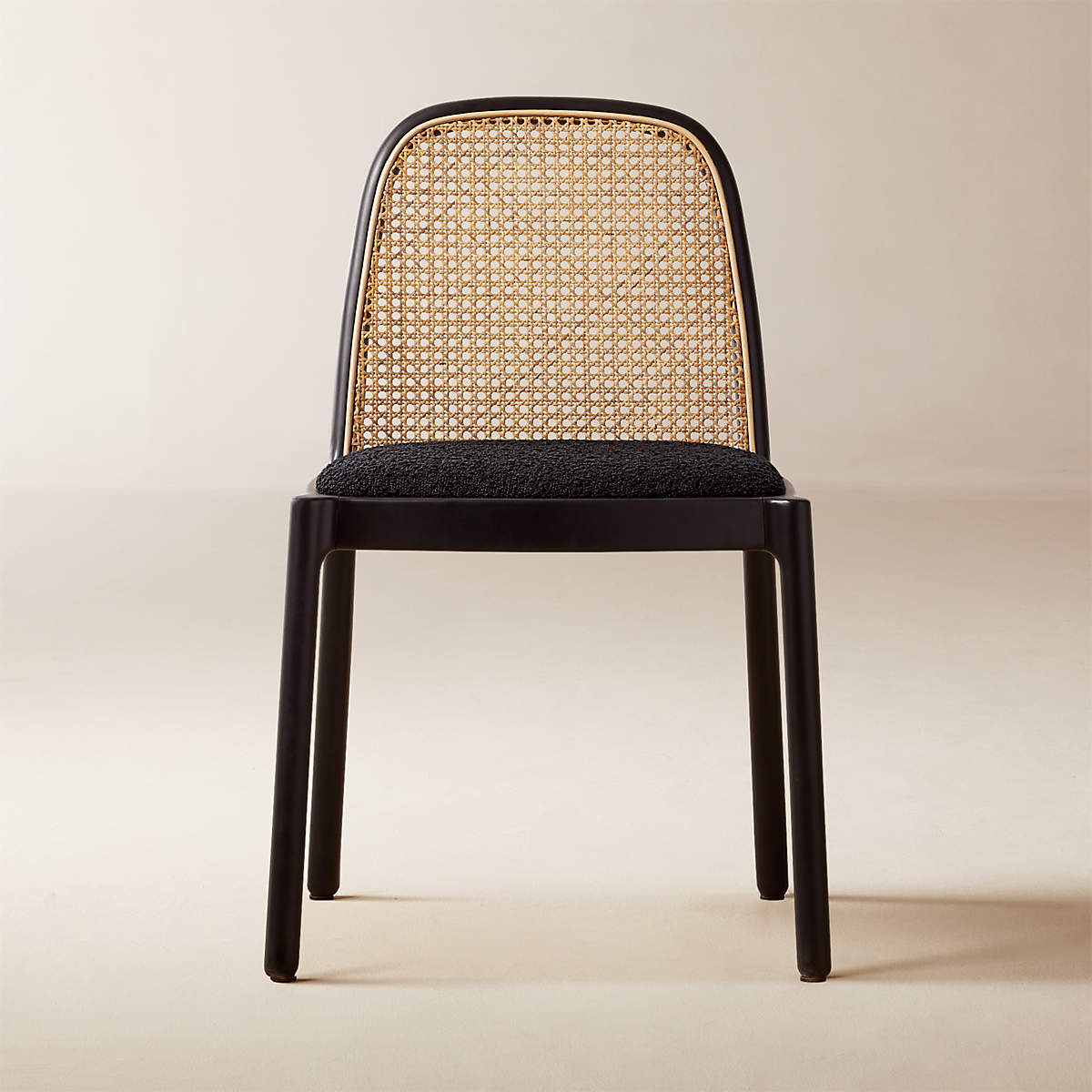 Cane back black teddy boucle upholstered wooden leg chair, dimensions 46x50x81 cm, wear resistance 25000 martindale.