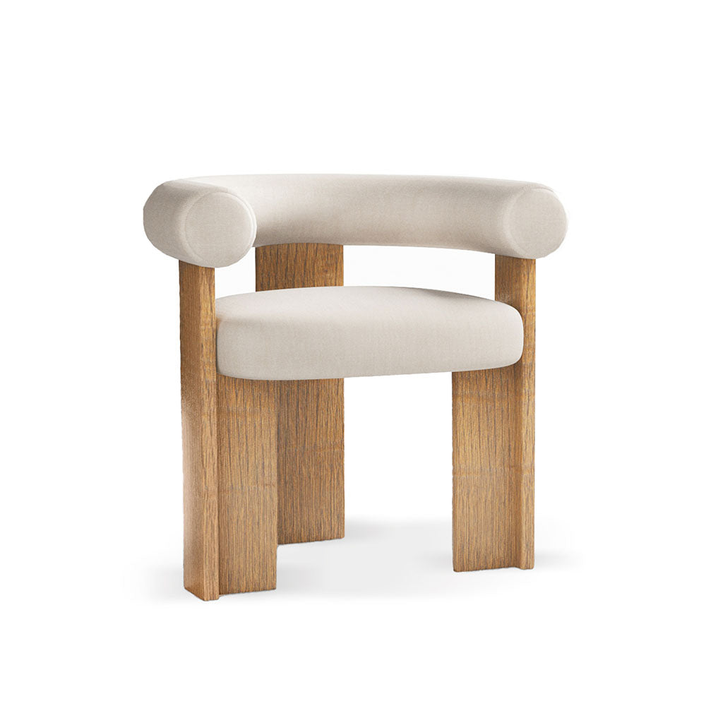 Cassette white linen armchair with oak legs, modern design, 70cm wide, 66cm high, durable fabric.