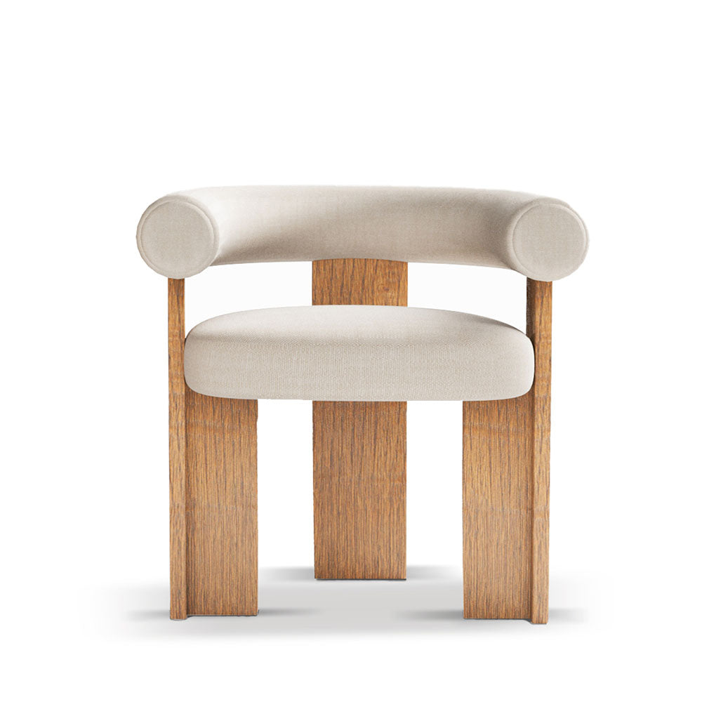 Cassette beige fabric chair with solid oak legs and rounded arms, dimensions 70cm x 62cm x 66cm, stylish design.
