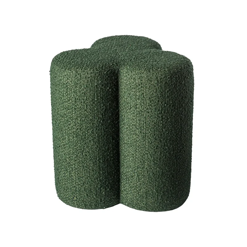 Clover haki yeşili teddy bukle kumaşlı bulut formlu yuvarlak puf, 45 cm boyutlarında, modern tasarım.