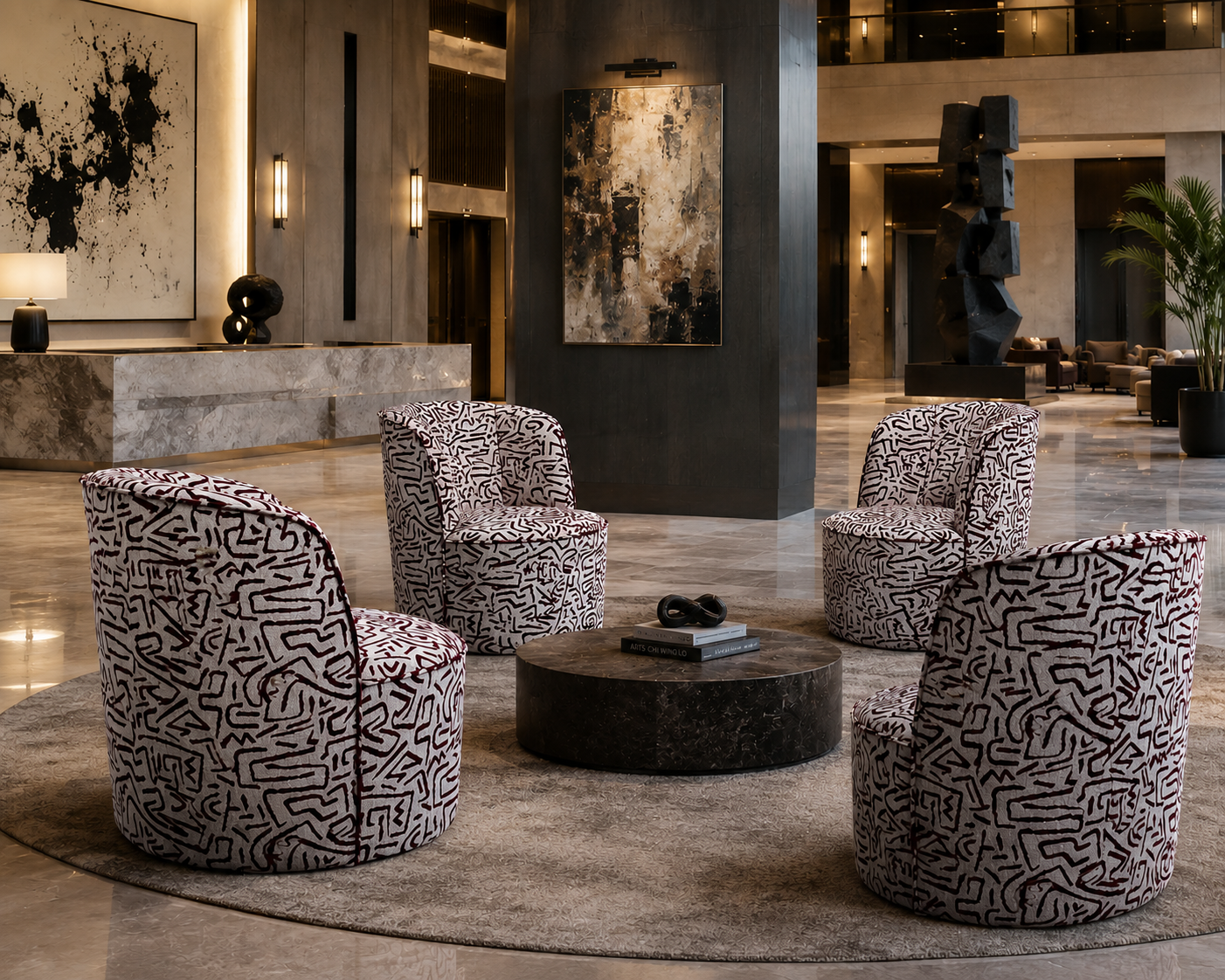 Modern sanatsal desenli keten kumaşlı lounge berjer