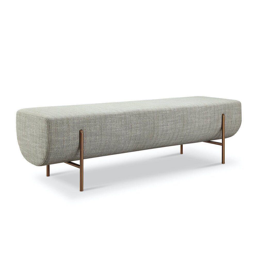Elan oval bench with gray fabric and bronze metal legs, dimensions 45x160x45 cm, durable fabric with 25000 martindale rating.