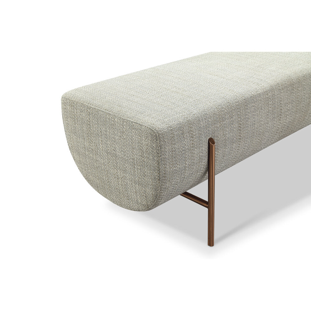 Elan Vizon Rengi Keten Kumaşlı Oval Bench, Bronz Metal Kaplama, 45x160 cm, Modern ve Şık Dekorasyon için.