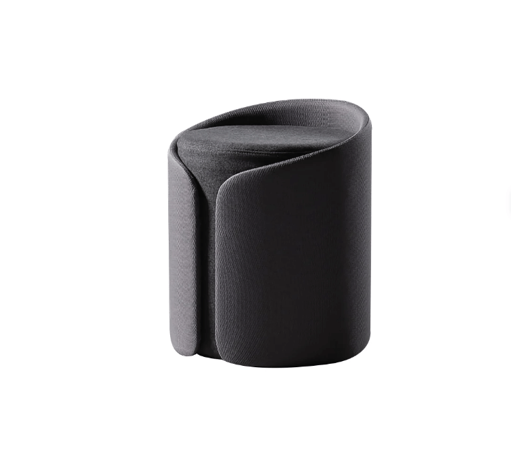 Modern black curved mini pouf with soft fabric, ideal for home or office use.