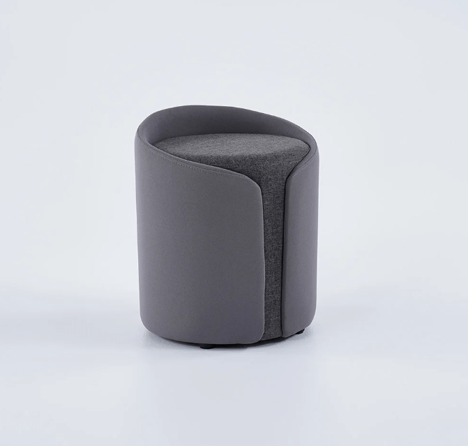 Gri keten kumaşlı yuvarlak mini puf, modern tasarım ve, ev ofis kullanımına uygun.