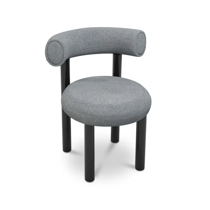 Modern gray upholstered chair with metal legs, featuring a round seat and backrest, perfect for stylish interiors.