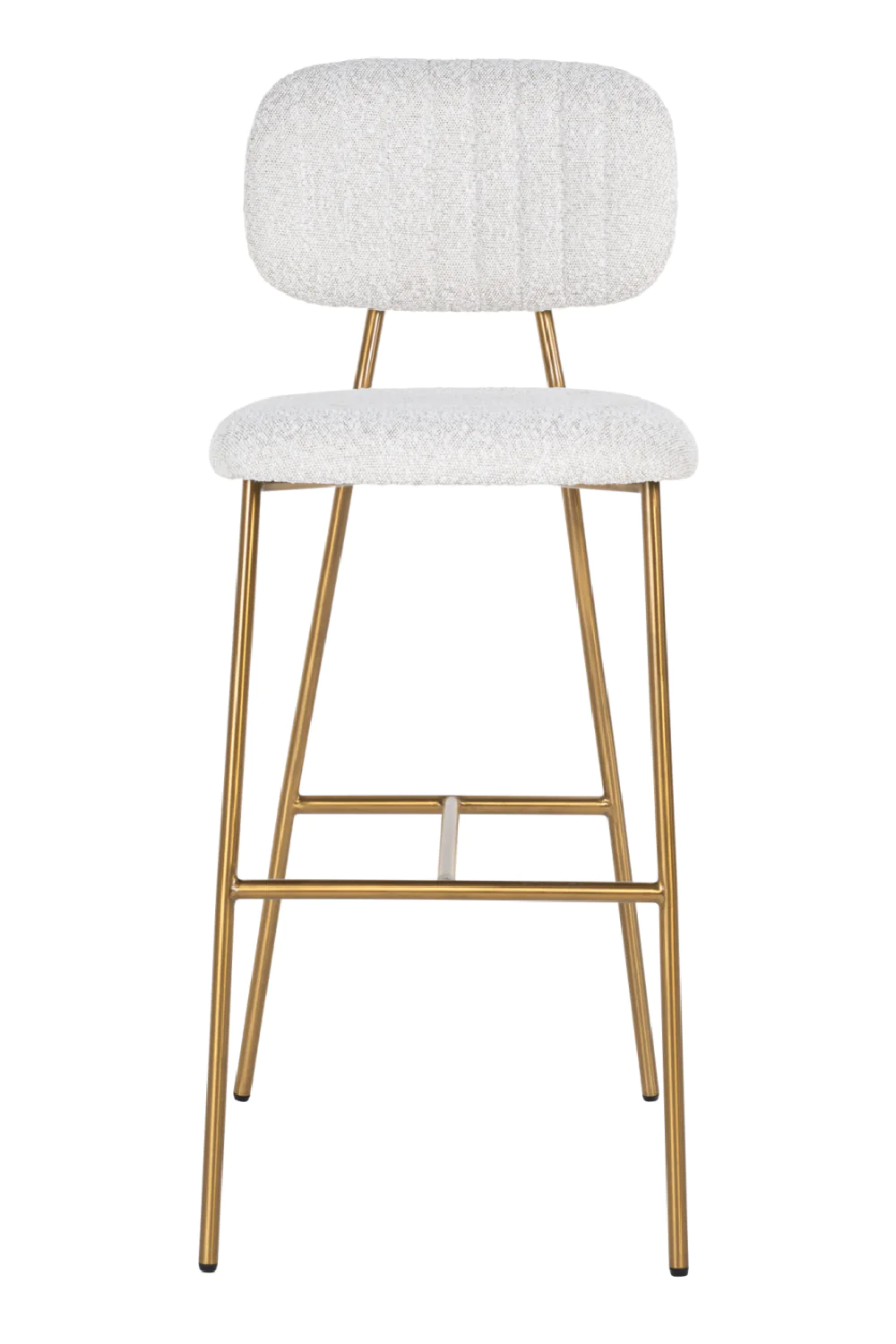 Gold metal-legged bar chair with white teddy boucle fabric, ribbed back, height 97 cm, seat height 65 cm.
