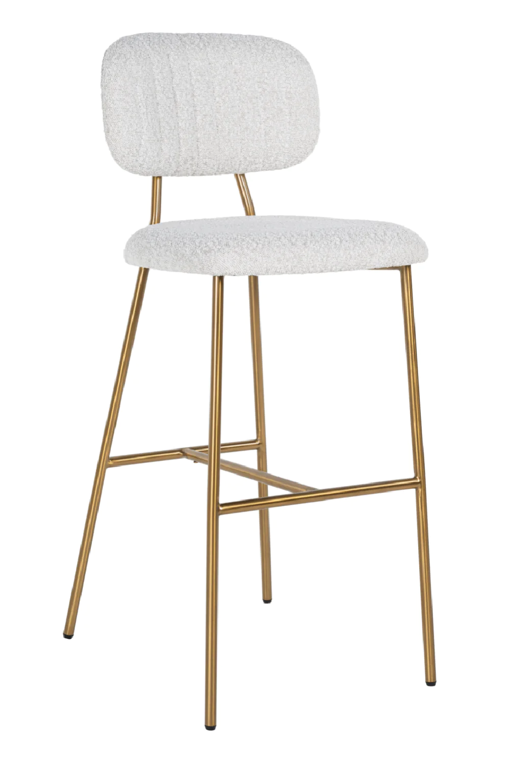 Framed white teddy fabric bar chair with gold vintage metal legs and stitched back details.