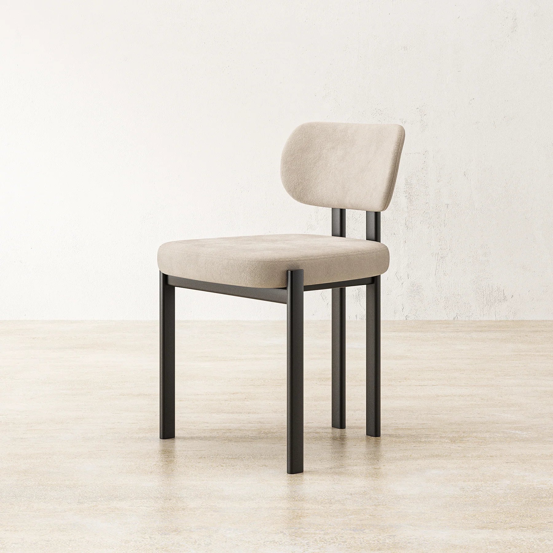 Franka Beyaz Süet Kumaşlı Ahşap Siyah Lake Cilalı Sandalye, modern tasarım, konforlu oturum yüksekliği 45 cm.