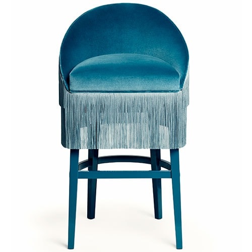 Fringes petrol blue suede bar stool with fringe detailing, dimensions: 57x53x90 cm, height 71 cm, durable fabric.