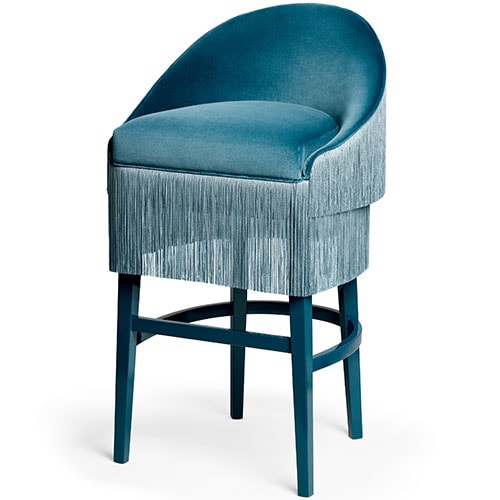 Fringes petrol blue suede bar chair with tassels, height 90 cm, stylish and elegant design for modern interiors.