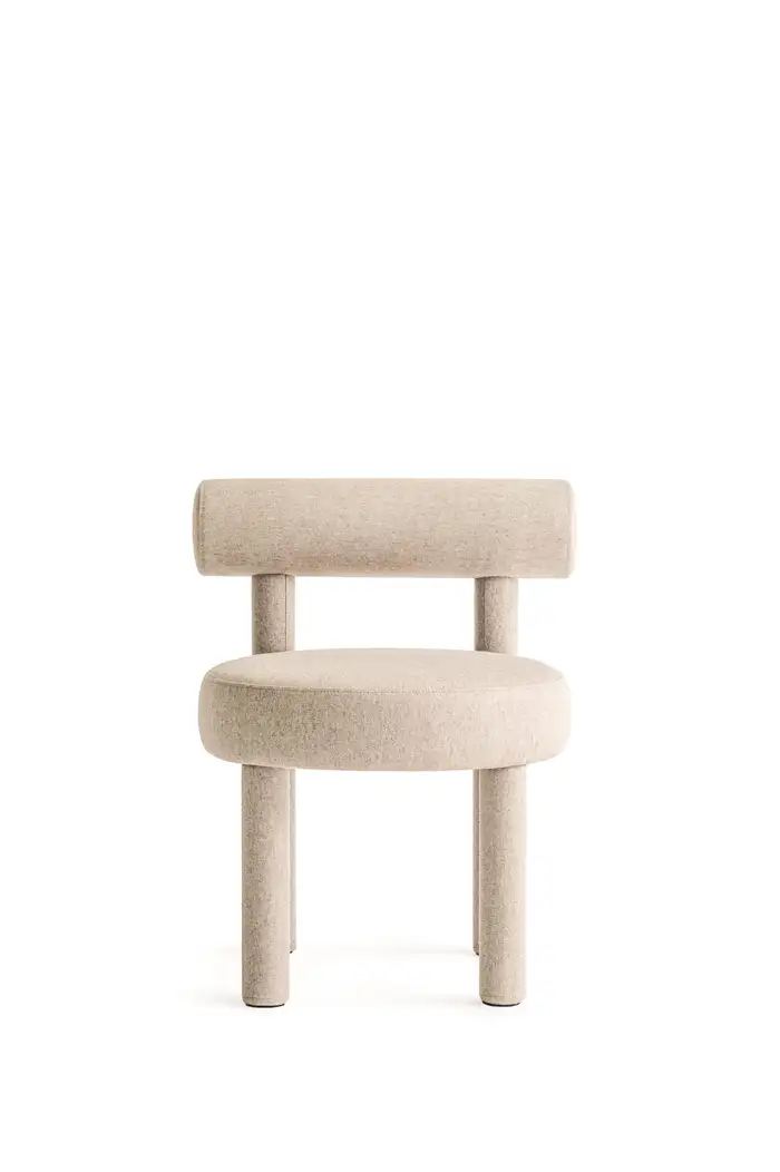 Gropius Bej Keten yuvarlak formlu sandalye, 57x57x74 cm ölçüler, yüksek kaliteli kumaş, şık ve modern tasarım.