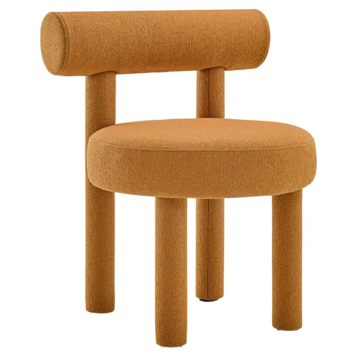 Gropius hardal rengi yuvarlak formlu keten sandalye, modern tasarım, konforlu oturum yüksekliği 45 cm.