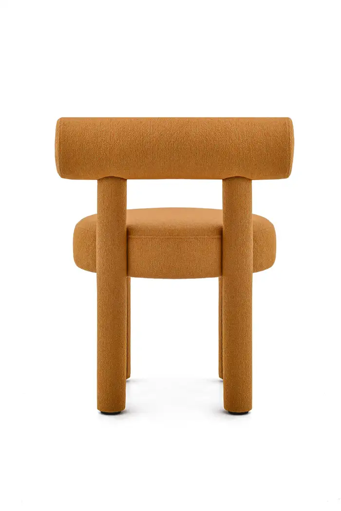 Back view of Gropius hardal rengi keten yuvarlak formlu sandalye, modern tasarım, 57x57x74 cm boyutları