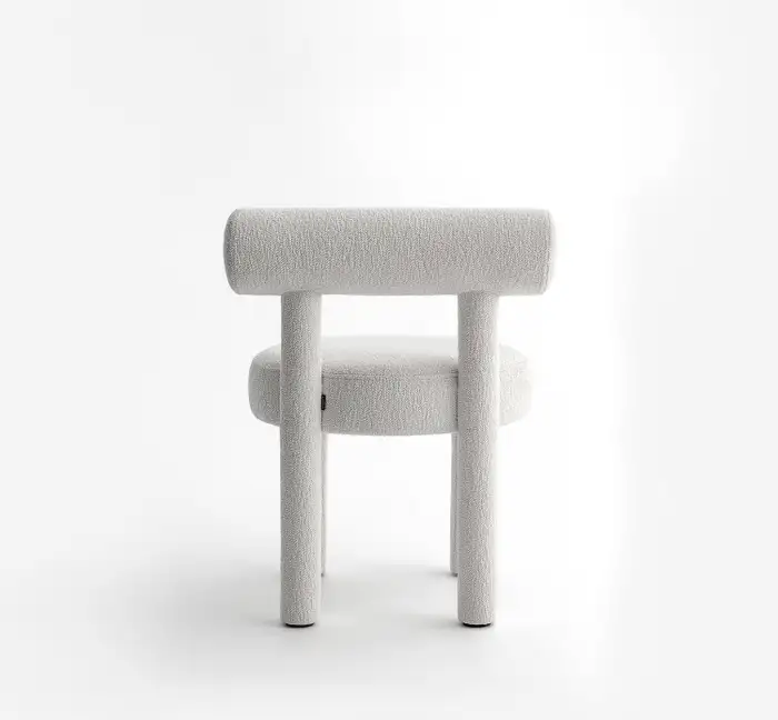 Gropius beyaz keten yuvarlak sandalye, 57x57x74 cm ölçülerinde, dayanıklı kumaş yapısıyla modern tasarım.