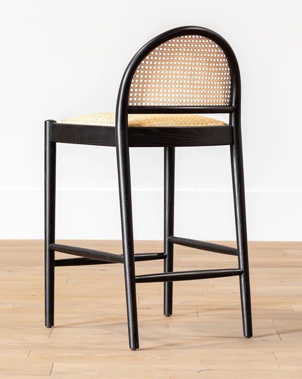 Hadden Hazeranlı natural black bar stool with woven seat and backrest, dimensions 48x50x94 cm, modern design.