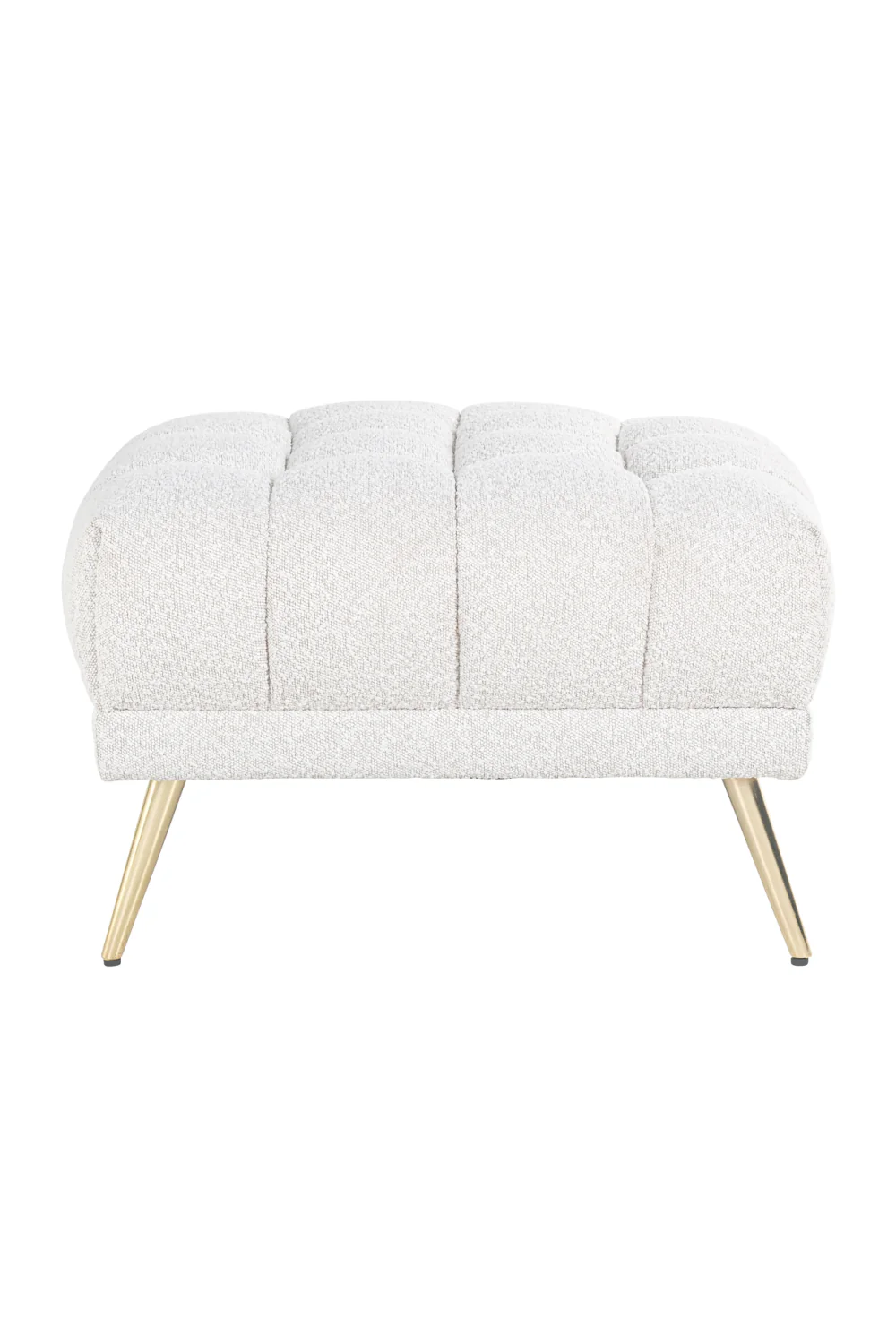 Huxley white teddy fabric tufted square pouf with gold-plated conical metal legs, 70x70x45 cm, durable upholstery.