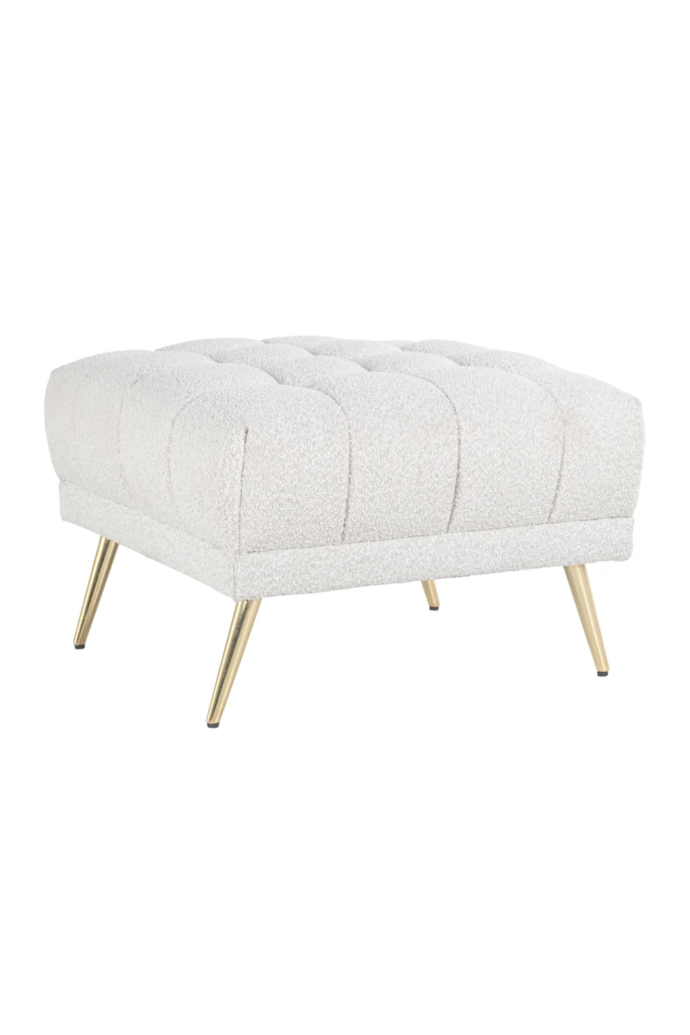 Huxley white teddy fabric tufted square pouf with gold conical metal legs, 70x70x45 cm, durable 75000 Martindale.