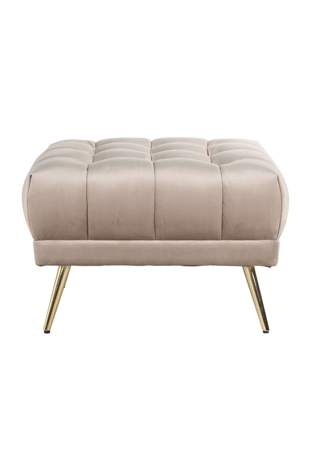Huxley velvet square pouf with gold-coated conical metal legs, dimensions 70x70x45 cm, high abrasion resistance.