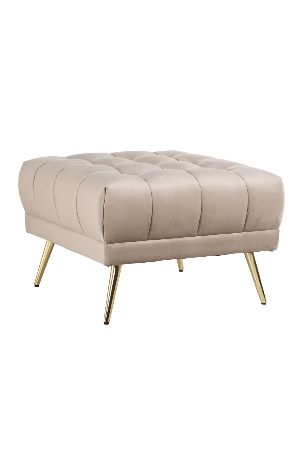 Huxley velvet square pouf with gold legs, tufted design, size 70x70x45 cm, durable fabric with 75000 Martindale abrasion resistance.