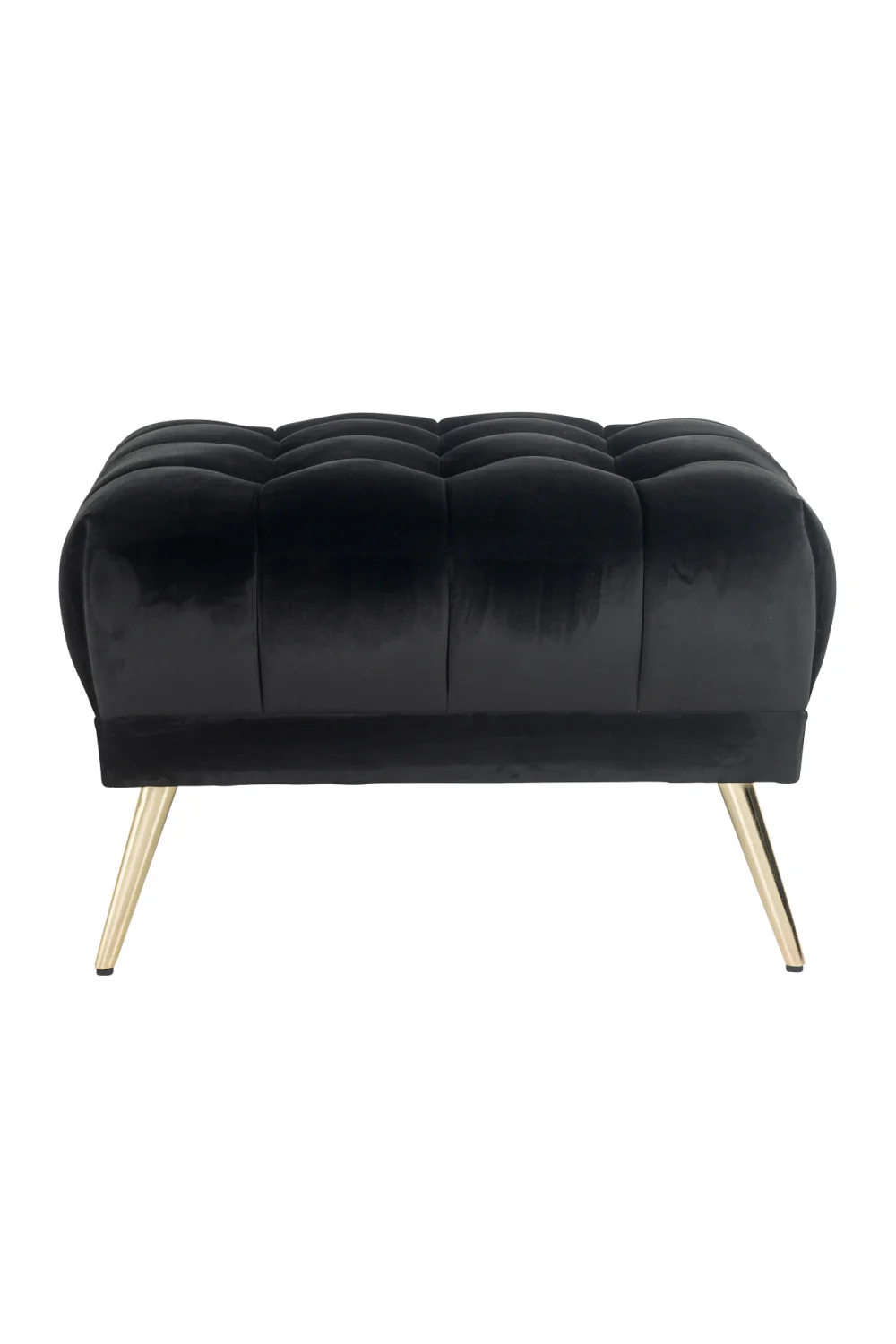 Huxley black velvet tufted ottoman with gold-plated conical metal legs, 70cm x 70cm x 45cm, durable fabric.