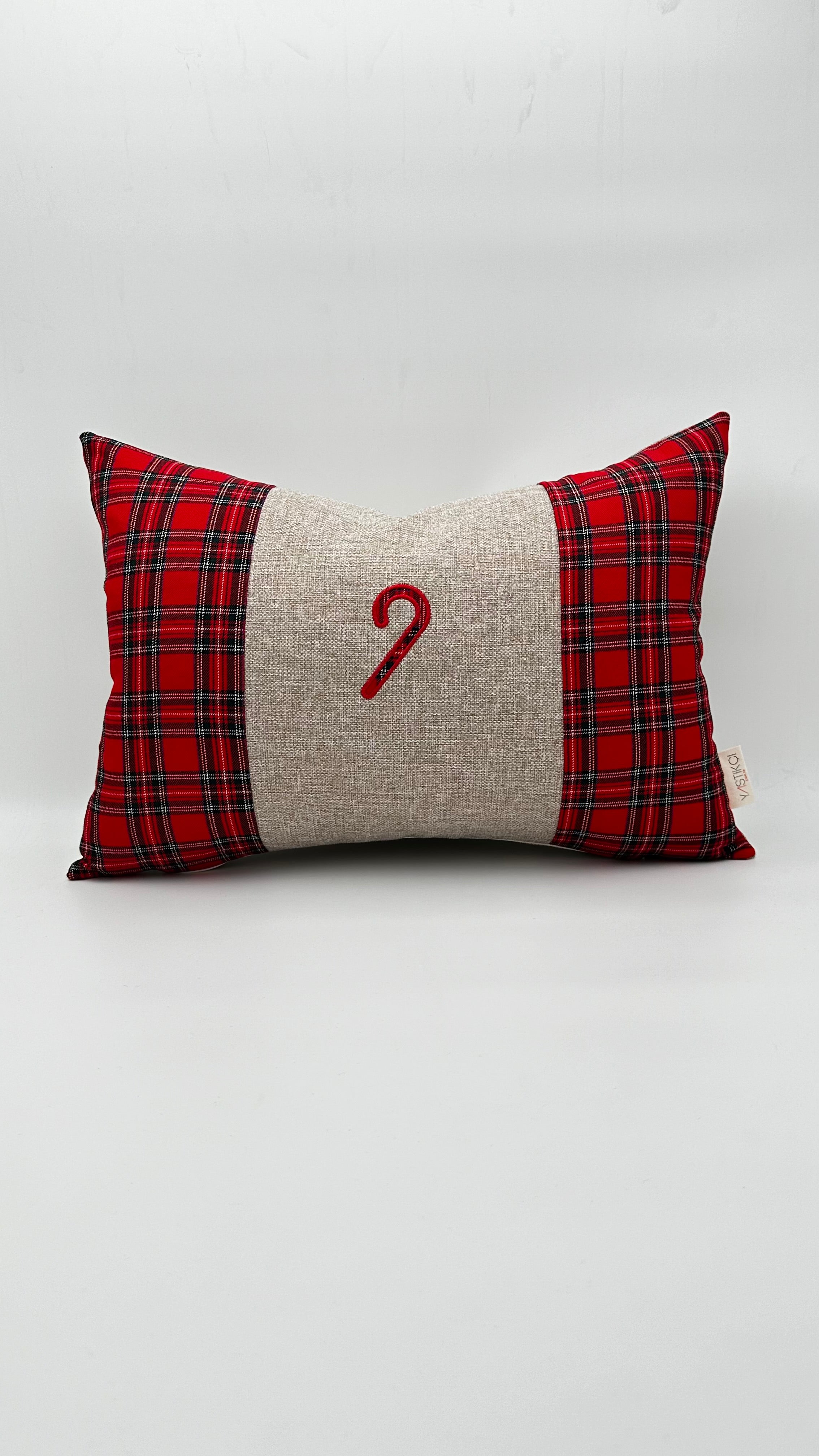 Kırmızı Ekose Baston Şeker Aplikeli Yılbaşı Konsepti Dikdörtgen Kırlent