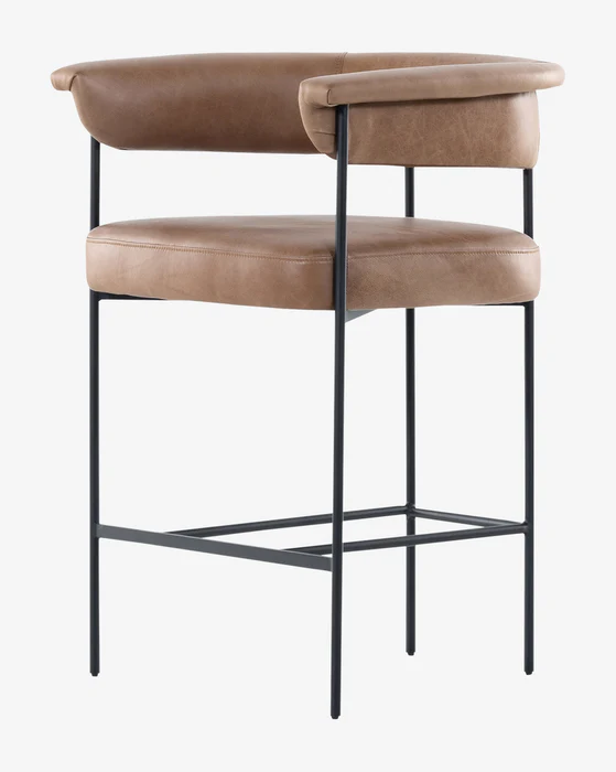 Monson brown faux leather arm bar stool with black metal legs, stylish and modern design for any space.