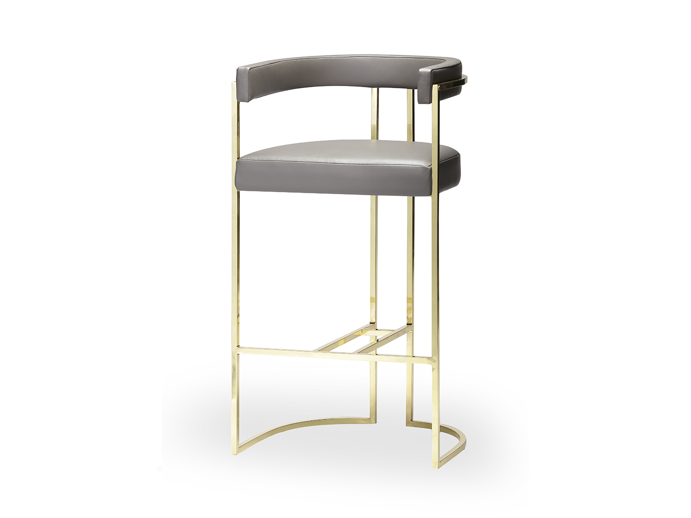 Julius Gri bar stool with grey faux leather upholstery and gold metal frame, stylish and modern design.