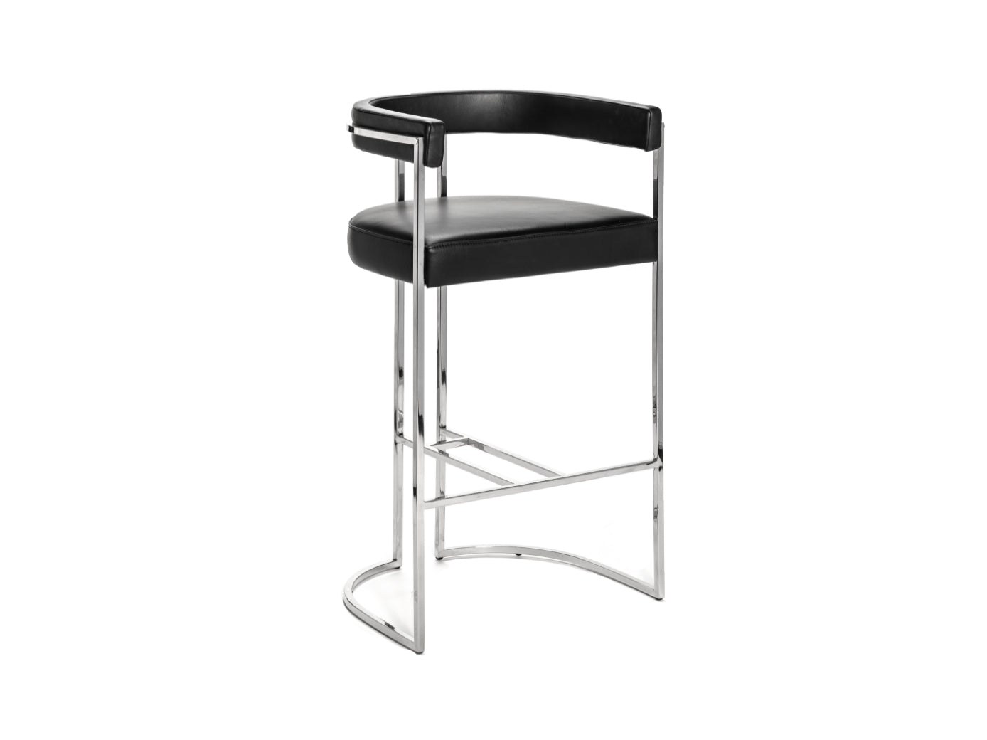 Julius siyah suni deri bar sandalyesi, metal krom kaplama, modern tasarım, 55x46x101 cm, dayanıklı kumaş.